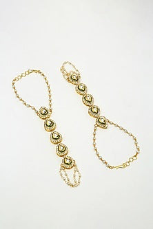 Gold Finish Kundan Polki & Diamond Hand Harness (Set Of 2)