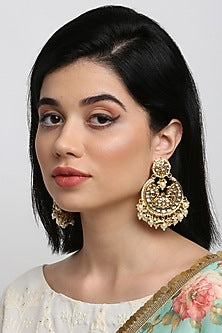 Gold Finish Kundan Polki & Pearl Chandbali Earrings