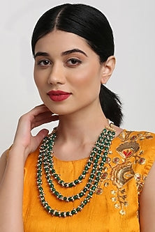 Gold Finish Green Synthetic Stone Beaded Long Necklace