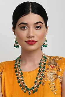 Gold Finish Faux Kundan Polki & Pearl Meenakari Long Necklace Set