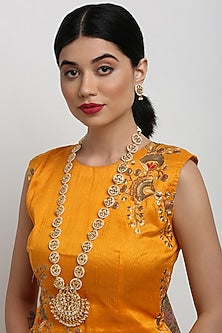 Gold Finish Kundan Polki & Pearl Meenakari Long Necklace Set