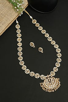 Gold Finish Kundan Polki & Pearl Meenakari Long Necklace Set
