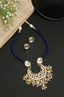 Gold Finish Kundan Polki & Blue Onyx Beaded Meenakari Long Necklace Set