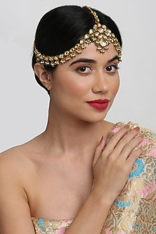 Gold Finish Green Kundan Polki & Pearl Mathapatti
