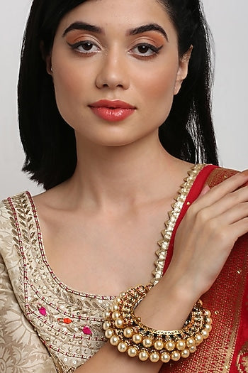 Gold Finish Faux Kundan Polki & Multi-Colored Stone Meenakari Bangles (Set Of 2)