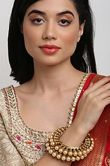 Gold Finish Faux Kundan Polki & Multi-Colored Stone Meenakari Bangles (Set Of 2)