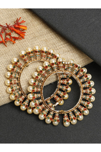 Gold Finish Faux Kundan Polki & Multi-Colored Stone Meenakari Bangles (Set Of 2)