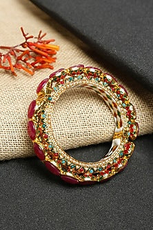 Gold Finish Maroon & White Faux Kundan Polki Meenakari Bangle