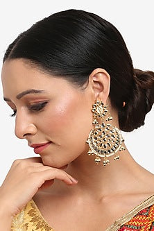 Gold Finish Kundan Polki & Green Pearl Chandbali Earrings