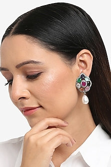 Black Rhodium Finish Multi-Colored Stone & Diamond Stud Earrings