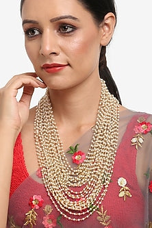 Gold Finish Kundan Polki & Pearl Layered Long Necklace