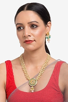 Gold Finish Green & White Kundan Polki Layered Long Necklace Set