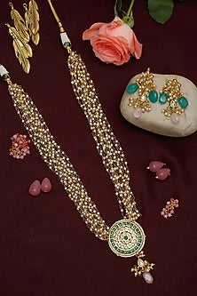 Gold Finish Green & White Kundan Polki Layered Long Necklace Set