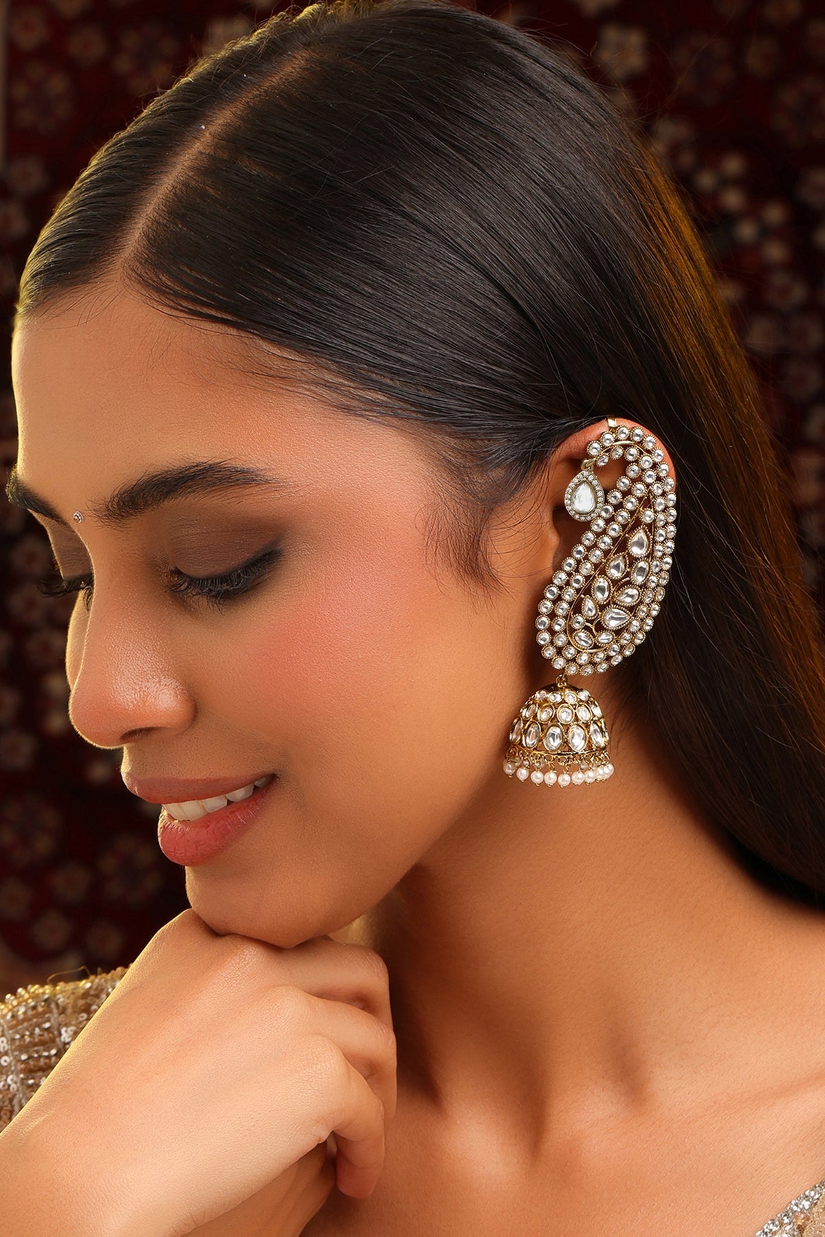 Gold Finish Kundan Polki & Pearl Jhumka Earrings