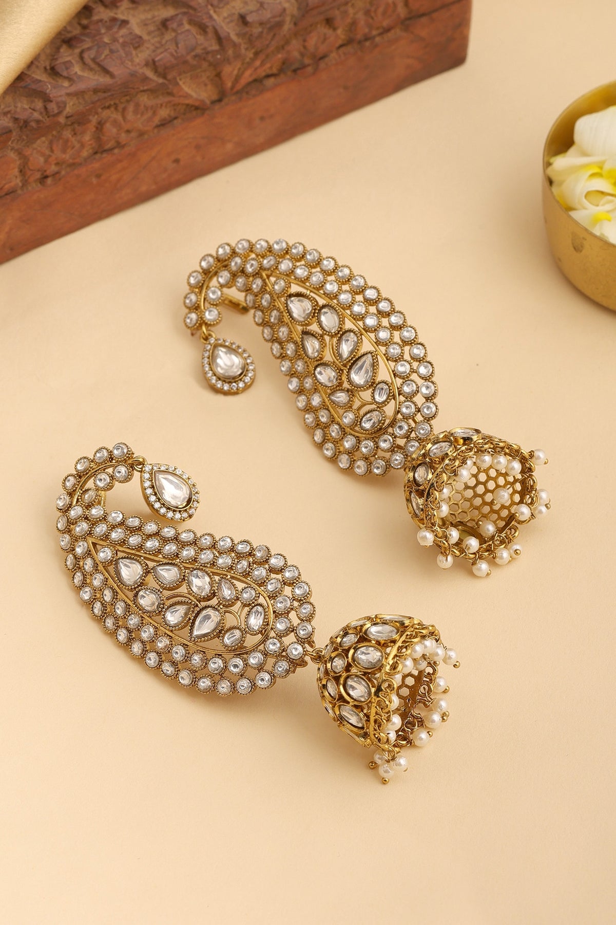 Gold Finish Kundan Polki & Pearl Jhumka Earrings
