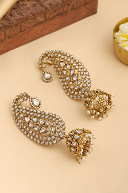 Gold Finish Kundan Polki & Pearl Jhumka Earrings