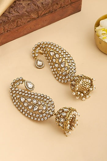 Gold Finish Kundan Polki & Pearl Jhumka Earrings