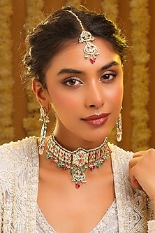 Gold Finish Kundan Polki & Multi-Colored Stone Choker Necklace Set