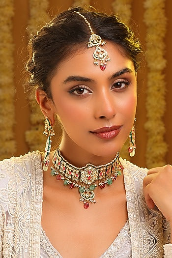 Gold Finish Kundan Polki & Multi-Colored Stone Choker Necklace Set