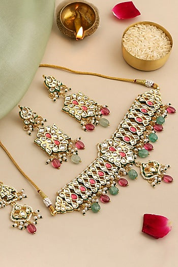 Gold Finish Kundan Polki & Multi-Colored Stone Choker Necklace Set