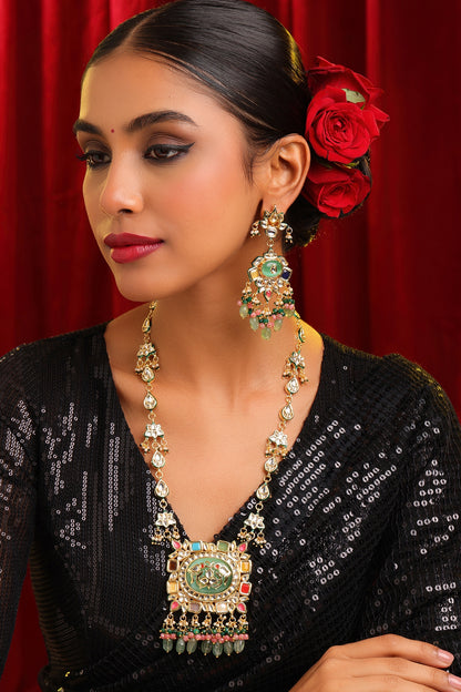 Gold Finish Kundan Polki & Green Stone Pendant Necklace Set