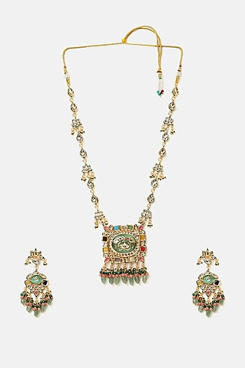 Gold Finish Kundan Polki & Green Stone Pendant Necklace Set