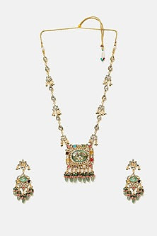 Gold Finish Kundan Polki & Green Stone Pendant Necklace Set