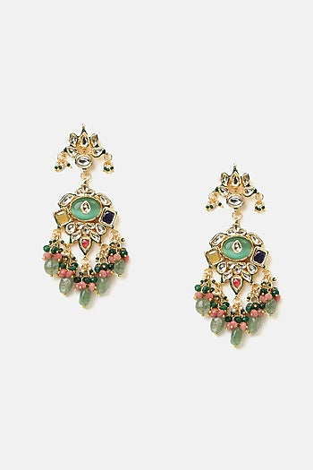 Gold Finish Kundan Polki & Green Stone Pendant Necklace Set