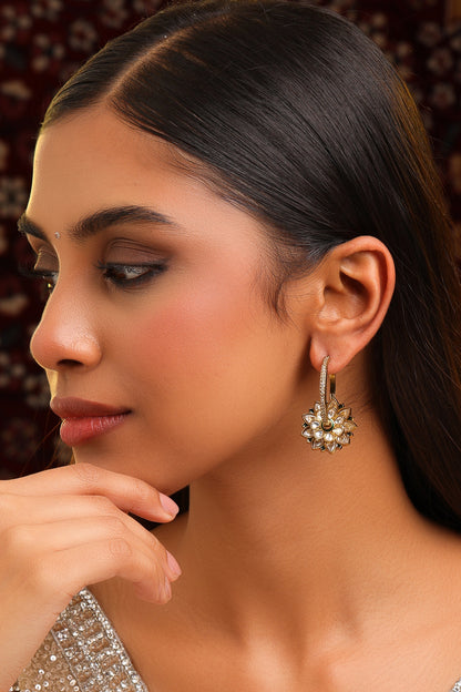 Gold Finish Kundan Polki Floral Hoop Earrings