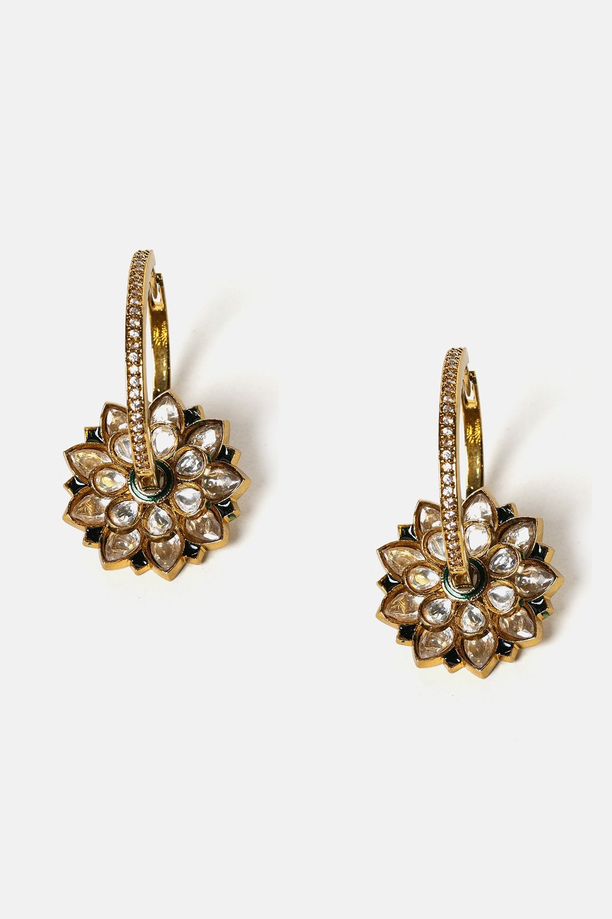 Gold Finish Kundan Polki Floral Hoop Earrings