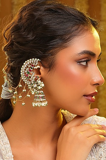 Gold Finish Kundan Polki & Pearl Dangler Earrings