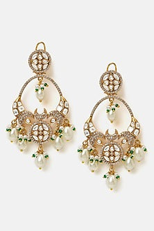 Gold Finish Kundan Polki & Pearl Chandbali Earrings