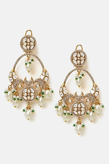 Gold Finish Kundan Polki & Pearl Chandbali Earrings
