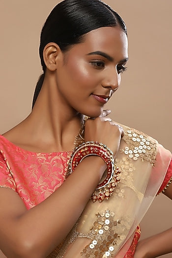 Gold Finish Pearl & Red Synthetic Stone Meenakari Bangle