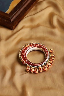 Gold Finish Pearl & Red Synthetic Stone Meenakari Bangle