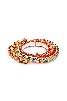 Gold Finish Pearl & Red Synthetic Stone Meenakari Bangle