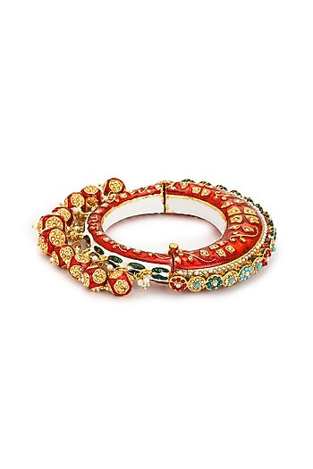 Gold Finish Pearl & Red Synthetic Stone Meenakari Bangle