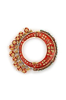 Gold Finish Pearl & Red Synthetic Stone Meenakari Bangle