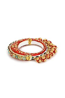 Gold Finish Pearl & Red Synthetic Stone Meenakari Bangle