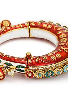 Gold Finish Pearl & Red Synthetic Stone Meenakari Bangle
