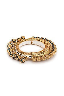 Gold Finish Pearl & Blue Synthetic Stone Meenakari Bangle
