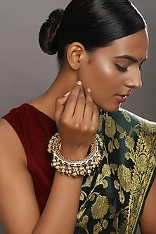 Gold Finish Pearl & Green Synthetic Stone Meenakari Bangle