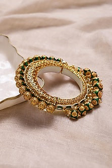 Gold Finish Pearl & Green Synthetic Stone Meenakari Bangle