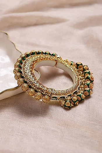Gold Finish Pearl & Green Synthetic Stone Meenakari Bangle