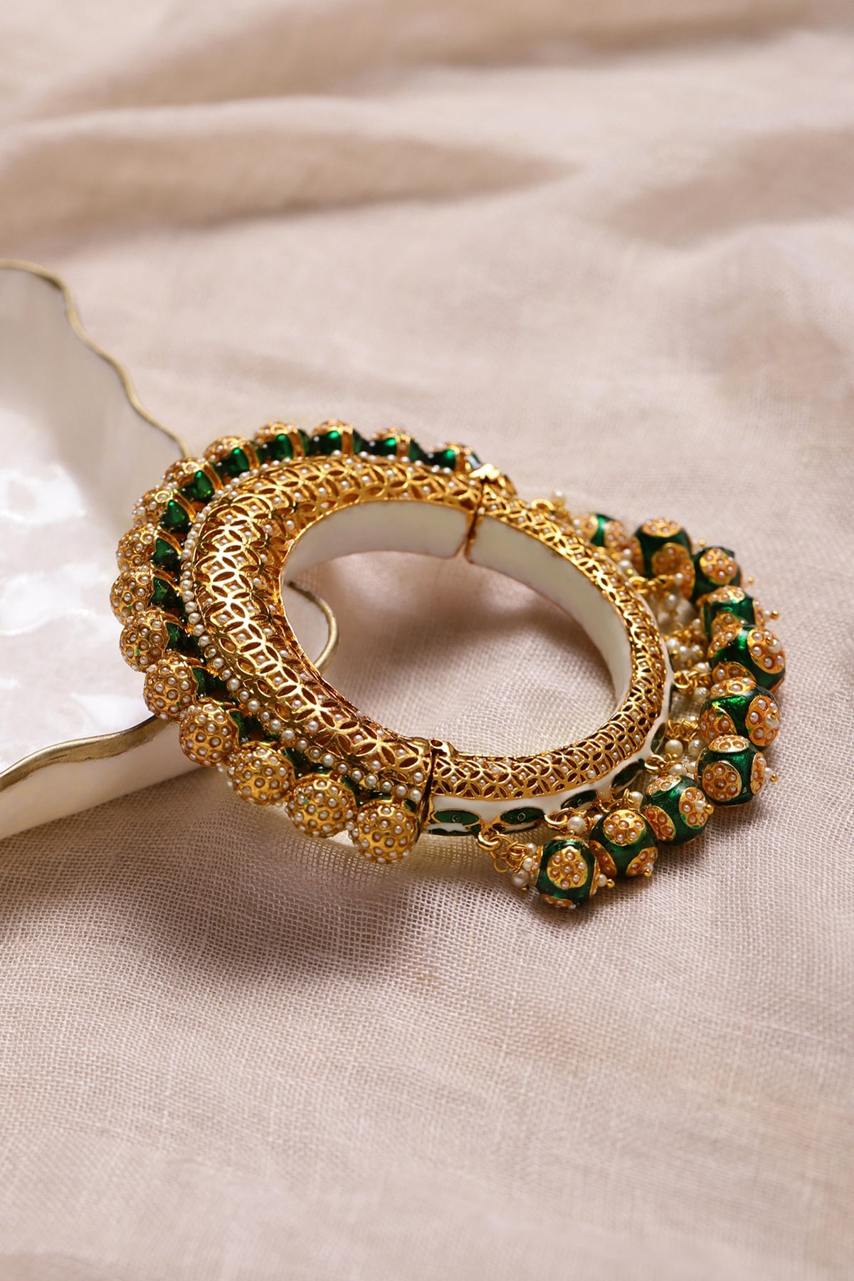 Gold Finish Pearl & Green Synthetic Stone Meenakari Bangle