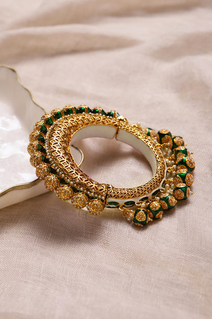 Gold Finish Pearl & Green Synthetic Stone Meenakari Bangle