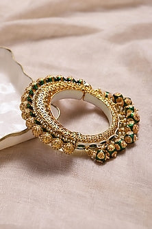 Gold Finish Pearl & Green Synthetic Stone Meenakari Bangle