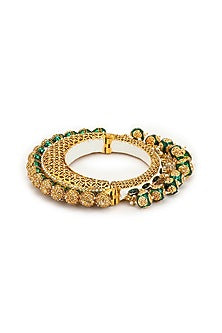 Gold Finish Pearl & Green Synthetic Stone Meenakari Bangle
