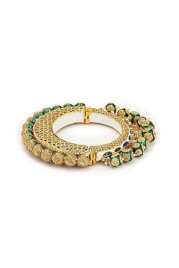 Gold Finish Pearl & Green Synthetic Stone Meenakari Bangle