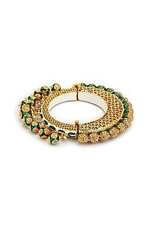 Gold Finish Pearl & Green Synthetic Stone Meenakari Bangle